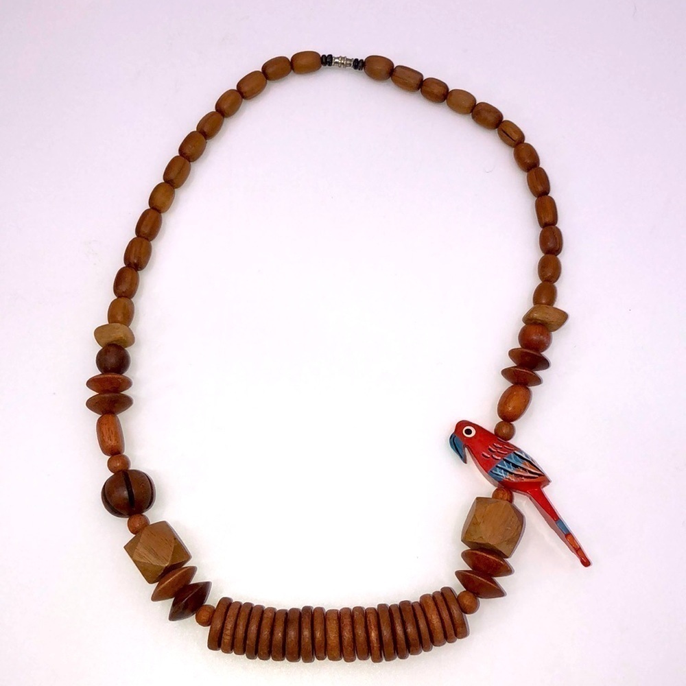 Vintage 70s or 80s Necklace Wooden Hand Painted Parrot Wooden Beads Artsy